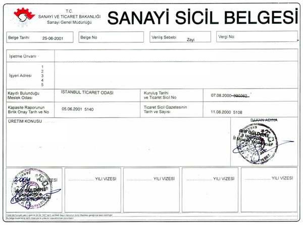 Sanayi Sicil Belgesi Örneği